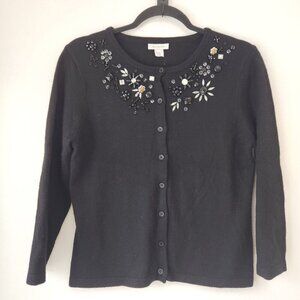 Garnet Hill Lambs Wool Angora Black Button Down Cardigan Sweater Beaded S